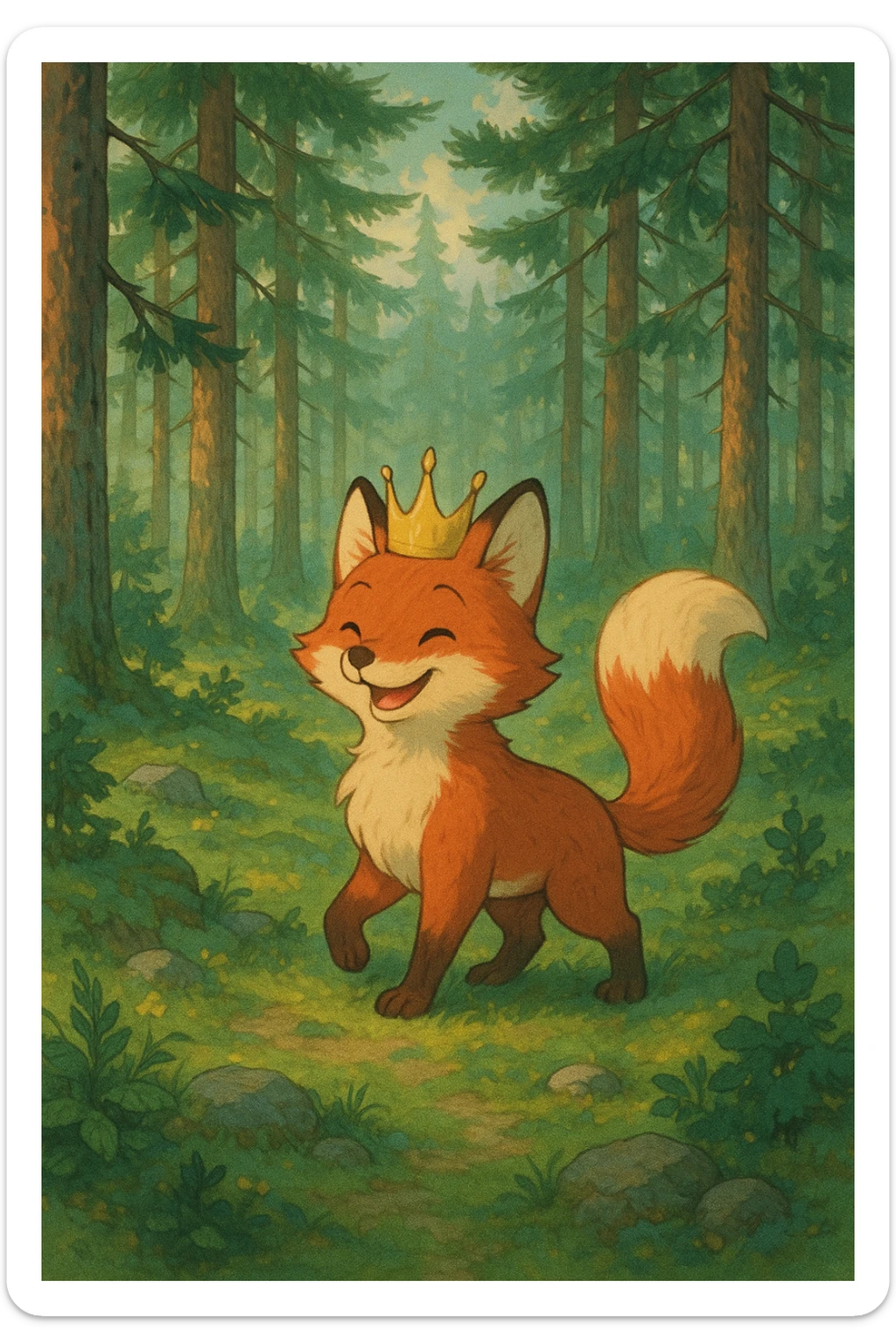 playful red fox with a golden crown, Scandinavian pine forest, dreamy and enchanting mood, Ghibli style sticker