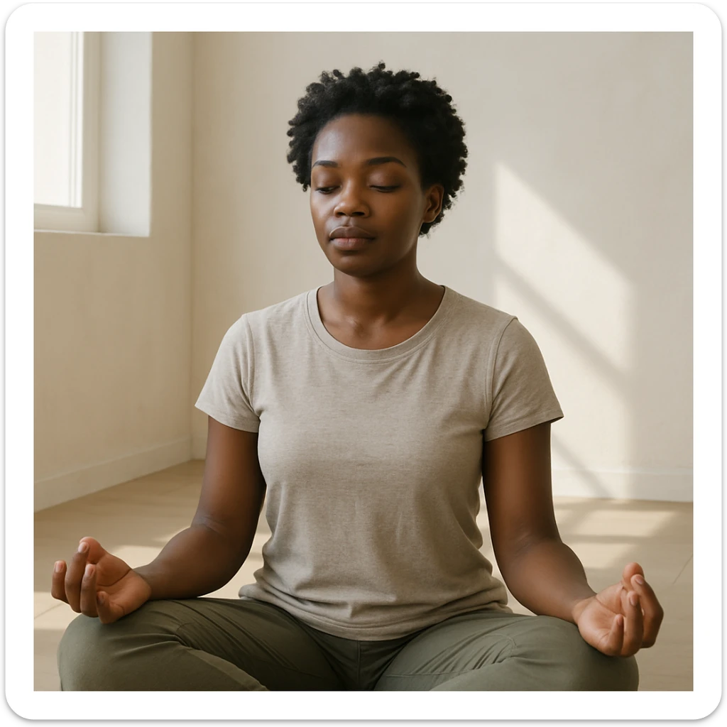 realistic style portrait of a black woman meditating, in a minimalist interior with natural light sticker
