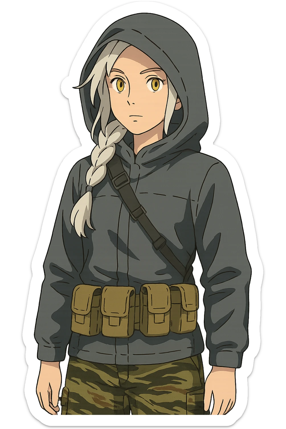 1 female, mid-20's  white hair long braid, gold yellow eyes, gray waterproof tactical shirt hoodie, hood up, single point sling, tan mag pouches on belt rig, tiger stripe camo pants,  sticker