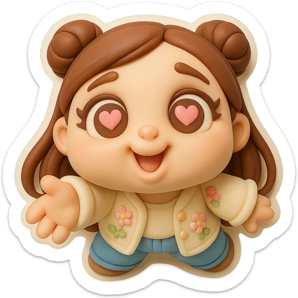 Create a 3D chibi fondant cake art style image of a girl based on the reference image, preserving facial features. She has long brown hair styled in two space buns, brown eyes with soft pink hearts in them expressing love, wearing jeans and a pastel floral cardigan. The image should have a thick white outline like a sticker and a transparent background. The face is extremely close to the camera with a fisheye effect, as if stretching her face toward the viewer in adoration. High-quality rendering with smooth shadows and soft gradients. sticker
