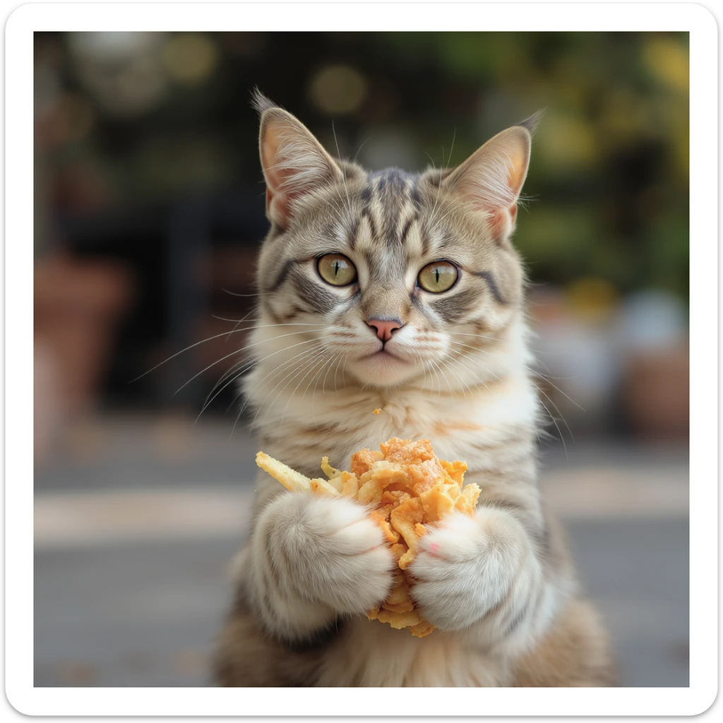 realistic cat carrying food, detailed and lifelike style sticker