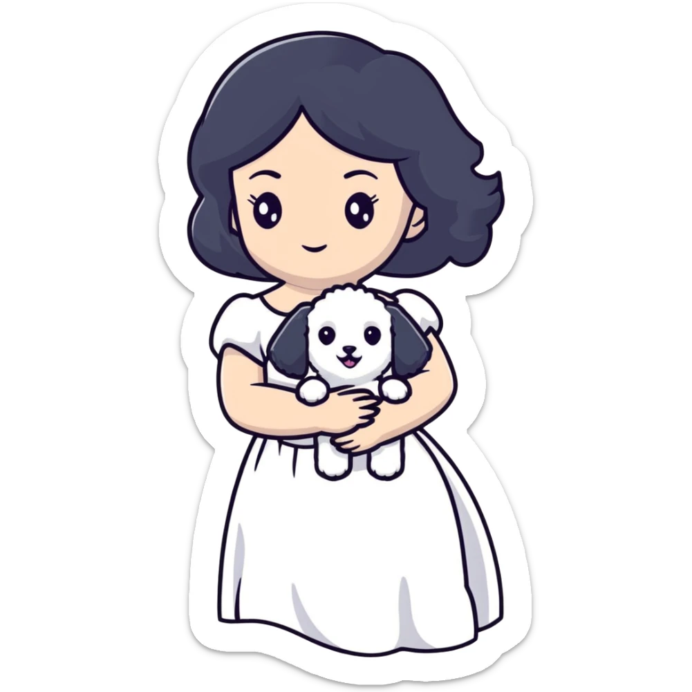 A beautiful girl with long black hair wearing a white dress holds a small white Bichon Frise in her arms sticker