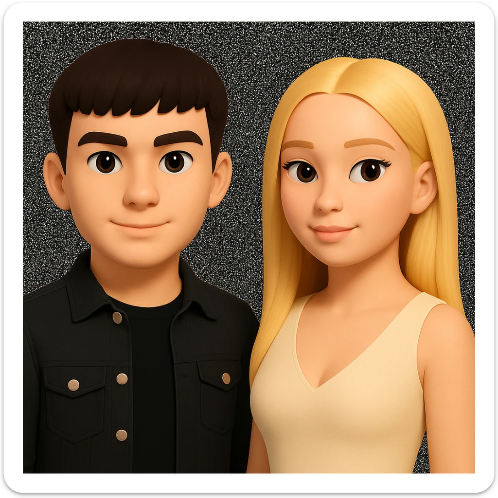 Slightly increase the volume of the upper body of the girl, separate the girl and the boy from each other, and make the skin color the same for both characters. Maintain the cartoonish 3D style in the edit. sticker