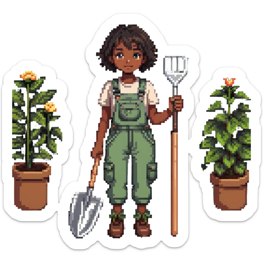Beautiful brown skin girl with dark short hair wear garden overalls holding garden tools sticker