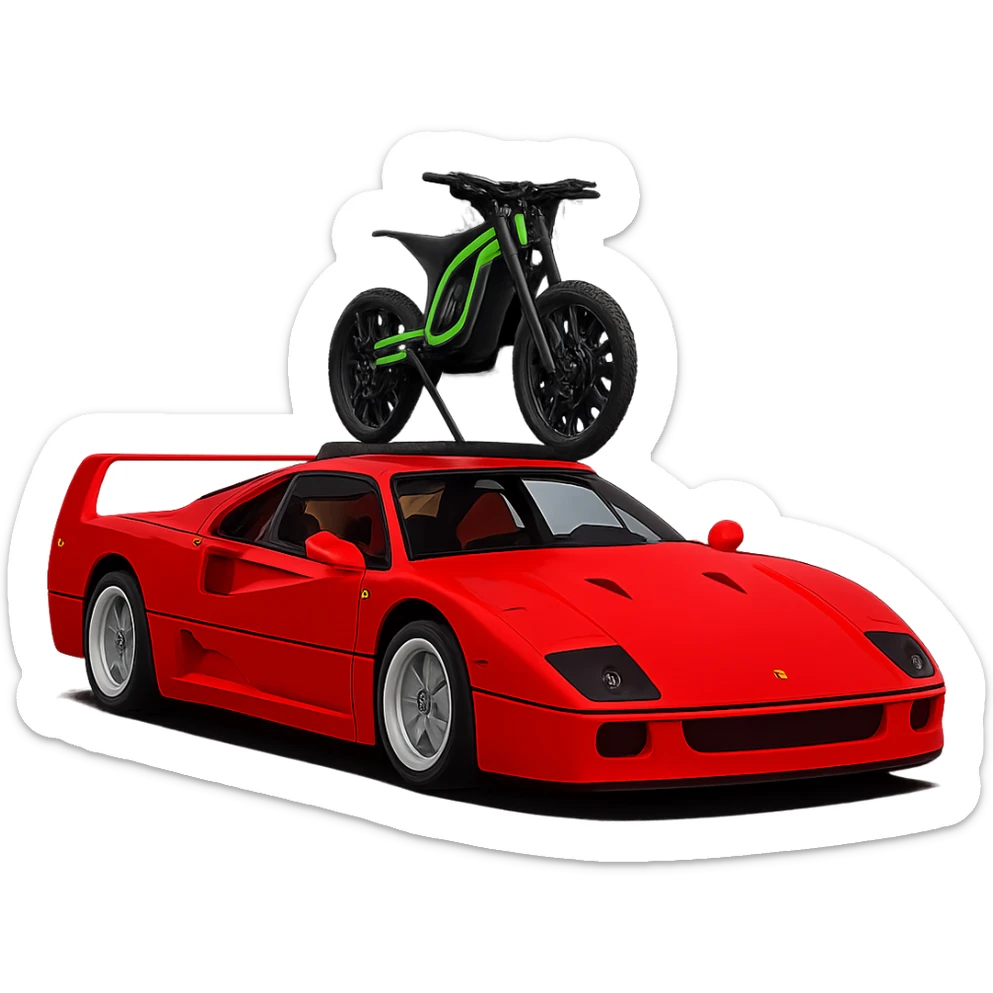 Make the single Sur-Ron electric bike with a green frame on the roof rack much smaller in proportion to the Ferrari F40, to proper scale. Keep the background transparent. sticker