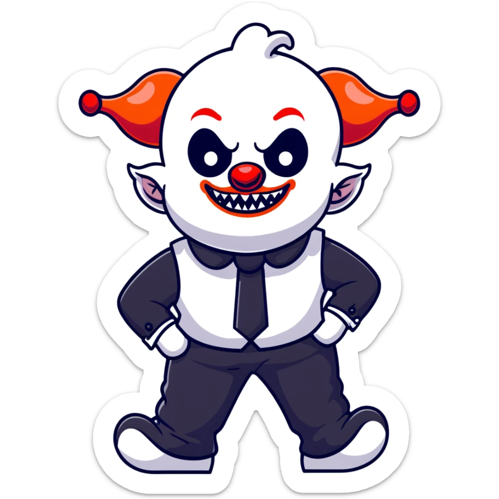 full-body demonic clown in black and white leisure suit with bellbottom pants, bald, black ram horns, flashy black and white belt, ruffled white shirt, no neck tie, large fangs, cartoon sticker style sticker