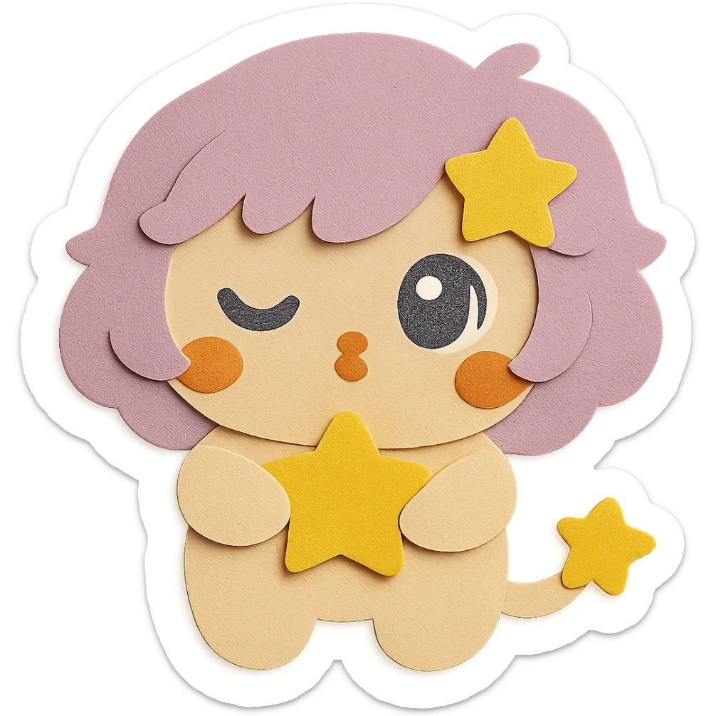 Change the tail color to match the body color, but keep the star at the end of the tail yellow. Preserve all other features and colors exactly as in the reference image. Paper craft style with clean lines and transparent background. sticker