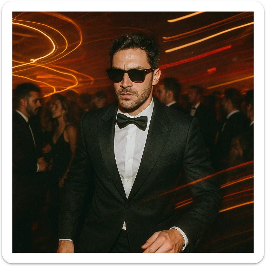 Create a photo inspired by the reference image of a man in stylish streetwear or a fitted tuxedo jacket and sunglasses, moving through a packed nightclub with a focused expression. The scene includes a sharply dressed crowd, motion blur, long exposure light trails with yellow-orange streaks, gritty camera texture, and raw chaotic energy. The image should be in 4K resolution. sticker