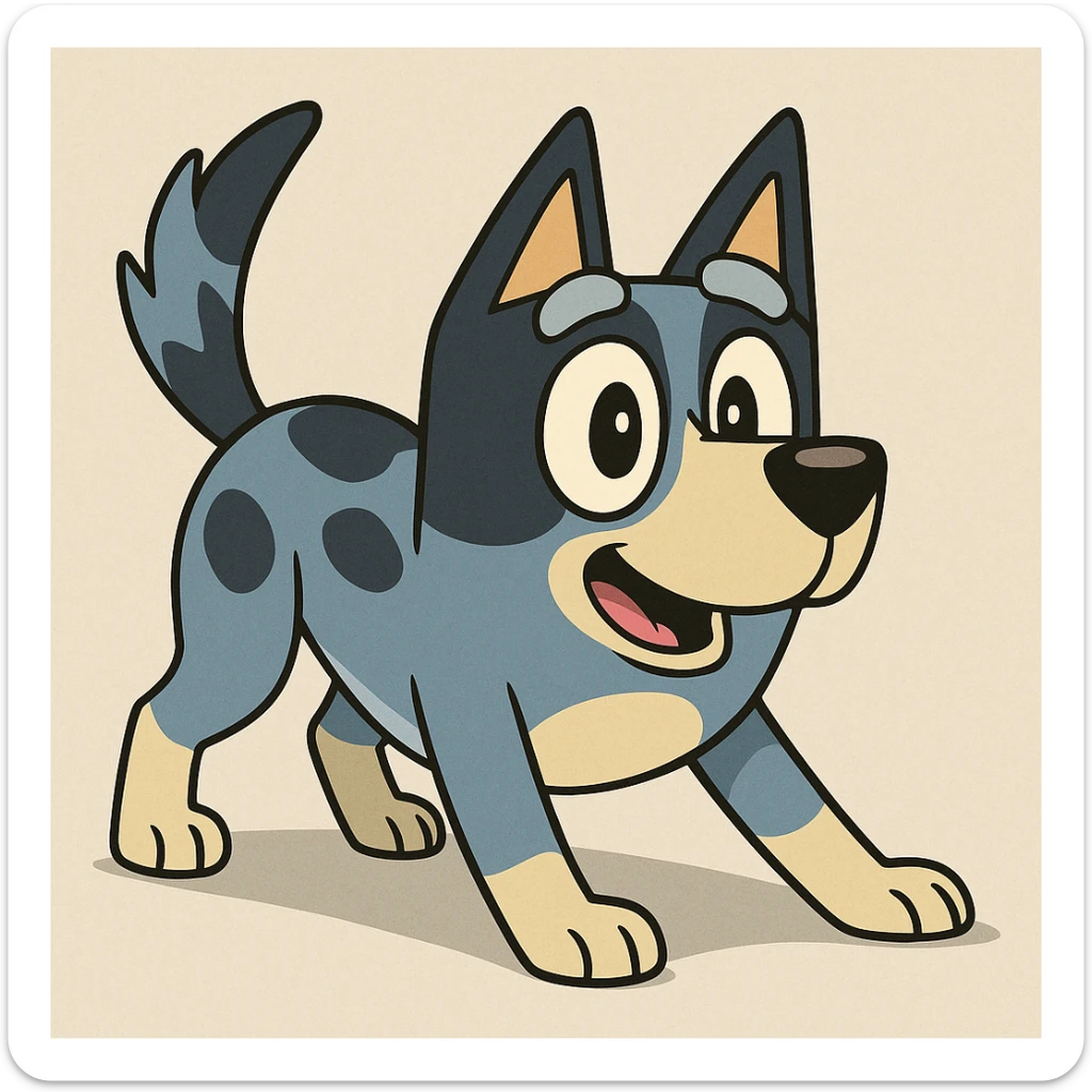 cartoon style black grey and white blue heeler dog in playful stance with big eyes and wagging tail sticker