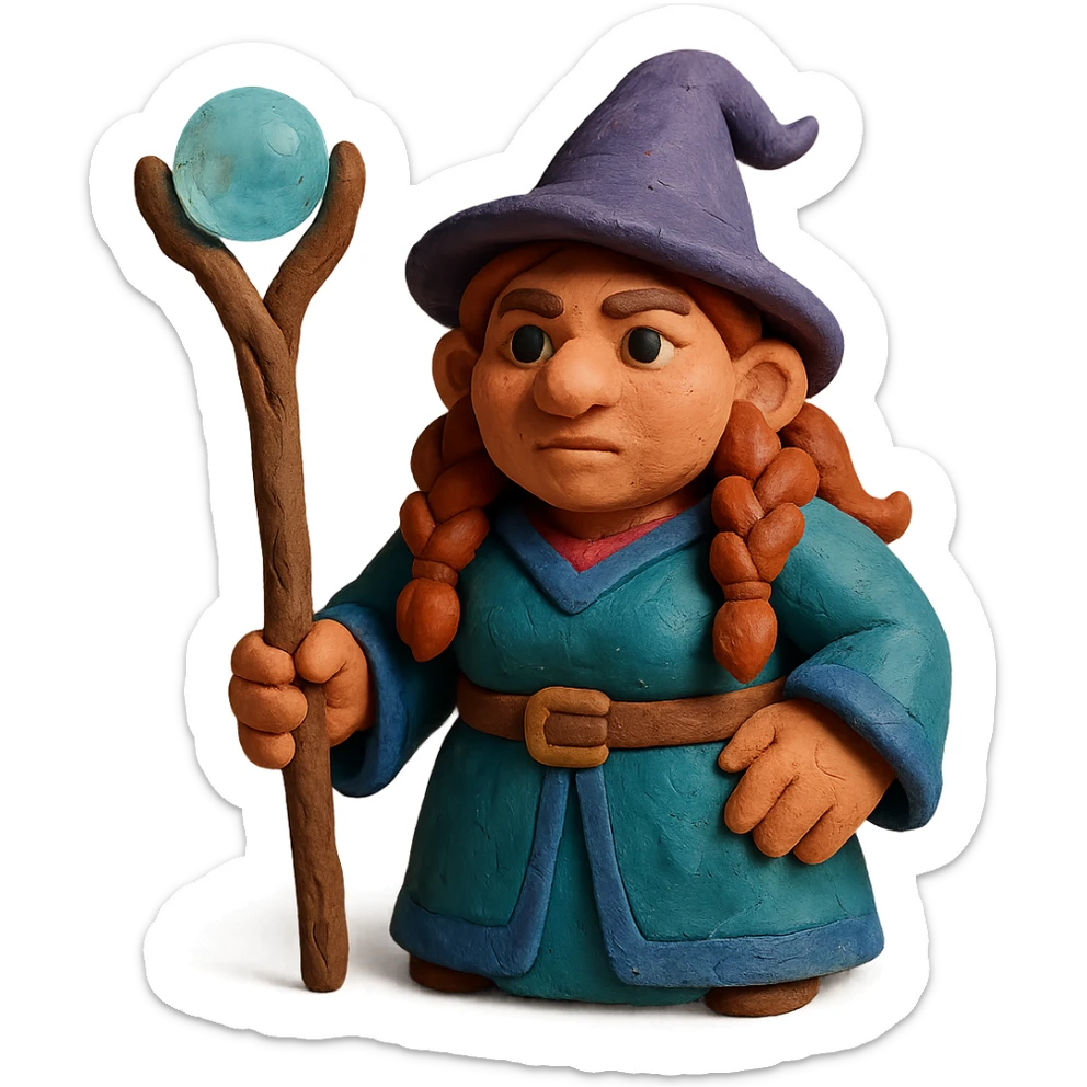 female dwarf sorcerer from DnD, claymation style, fantasy robes, magical staff sticker