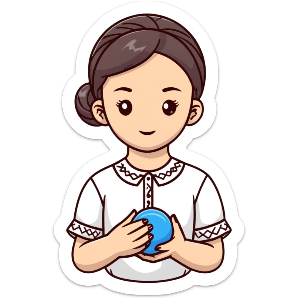 A young Ukrainian girl in a white embroidered shirt holds a ball of thread in her hand sticker