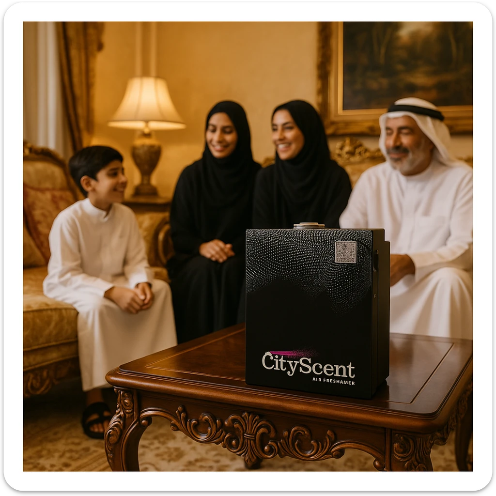Show the CityScent air freshener machine on a table in a lavishly decorated home interior. A family in traditional Arabic clothing is present, looking comfortable and happy, enjoying the scent. The style is realistic and luxurious. sticker