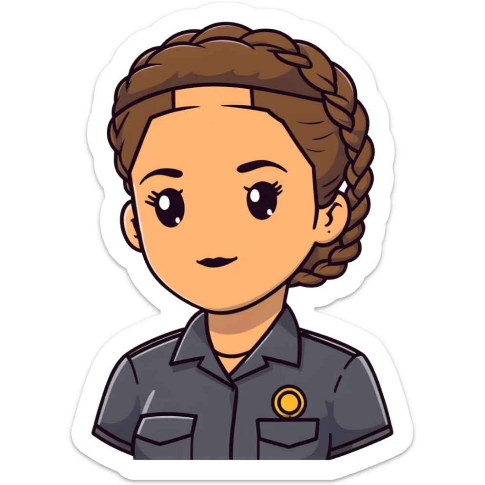 A 40-year-old Latina woman car mechanic with light brown skin, wearing black mechanic uniform, with two braids pulled back from her head sticker