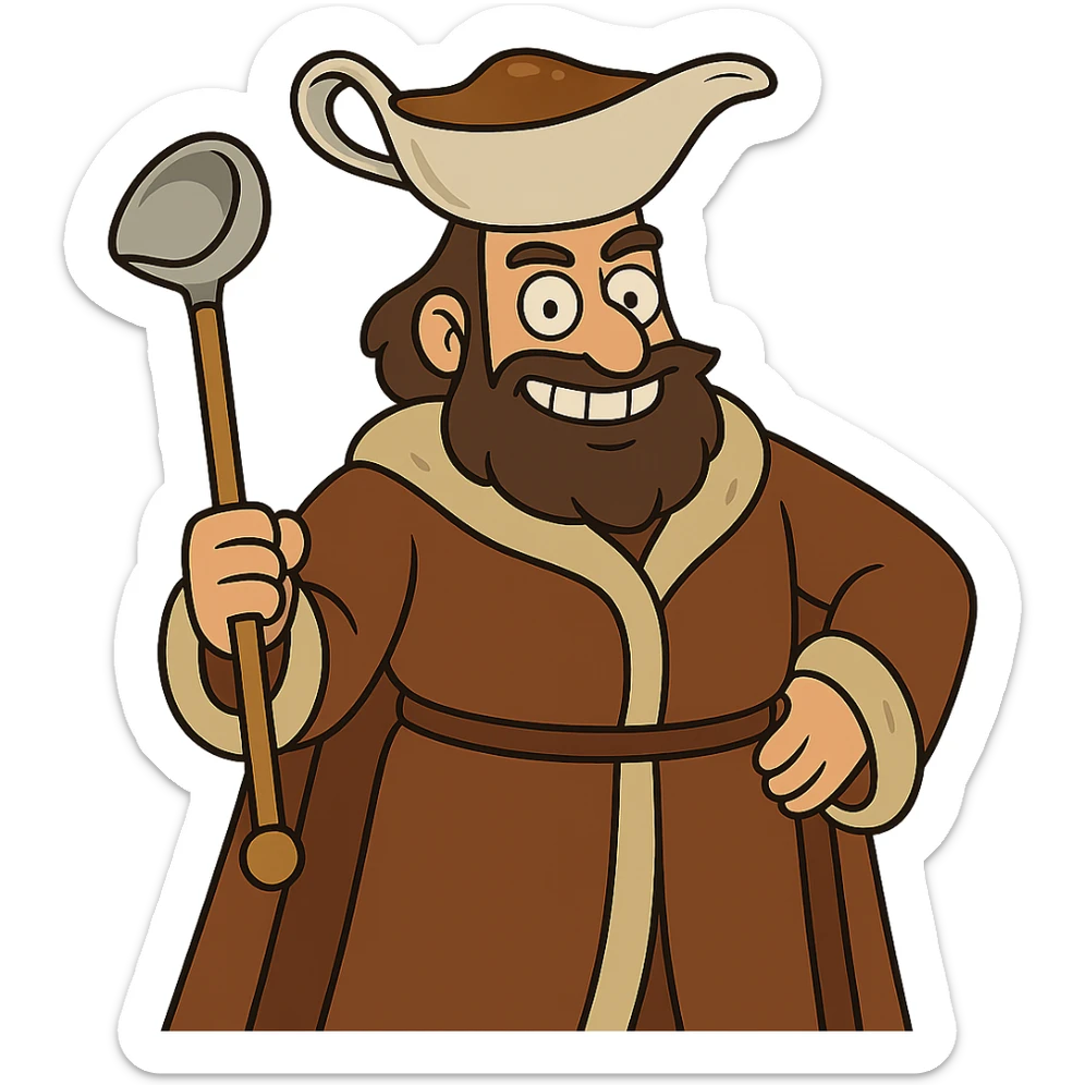 cartoonish Gravy Lord kingly figure with a gravy boat crown, brown robe, scepter shaped like a gravy ladle, smiling confidently sticker
