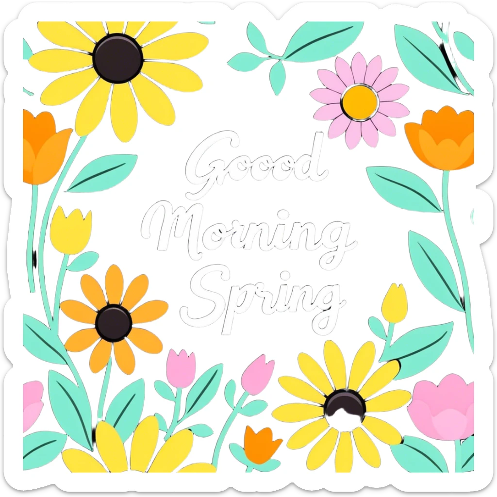 Spring flowers in garden with sun with inscription Good morning  sticker