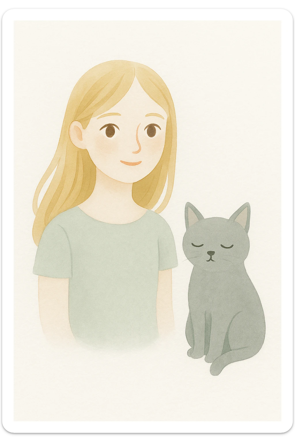 Change the girl's hairstyle to loose waves, keep long blond hair, brown eyes, and a grey cat, in a painterly, whimsical style with soft watercolor textures and delicate brush strokes. sticker