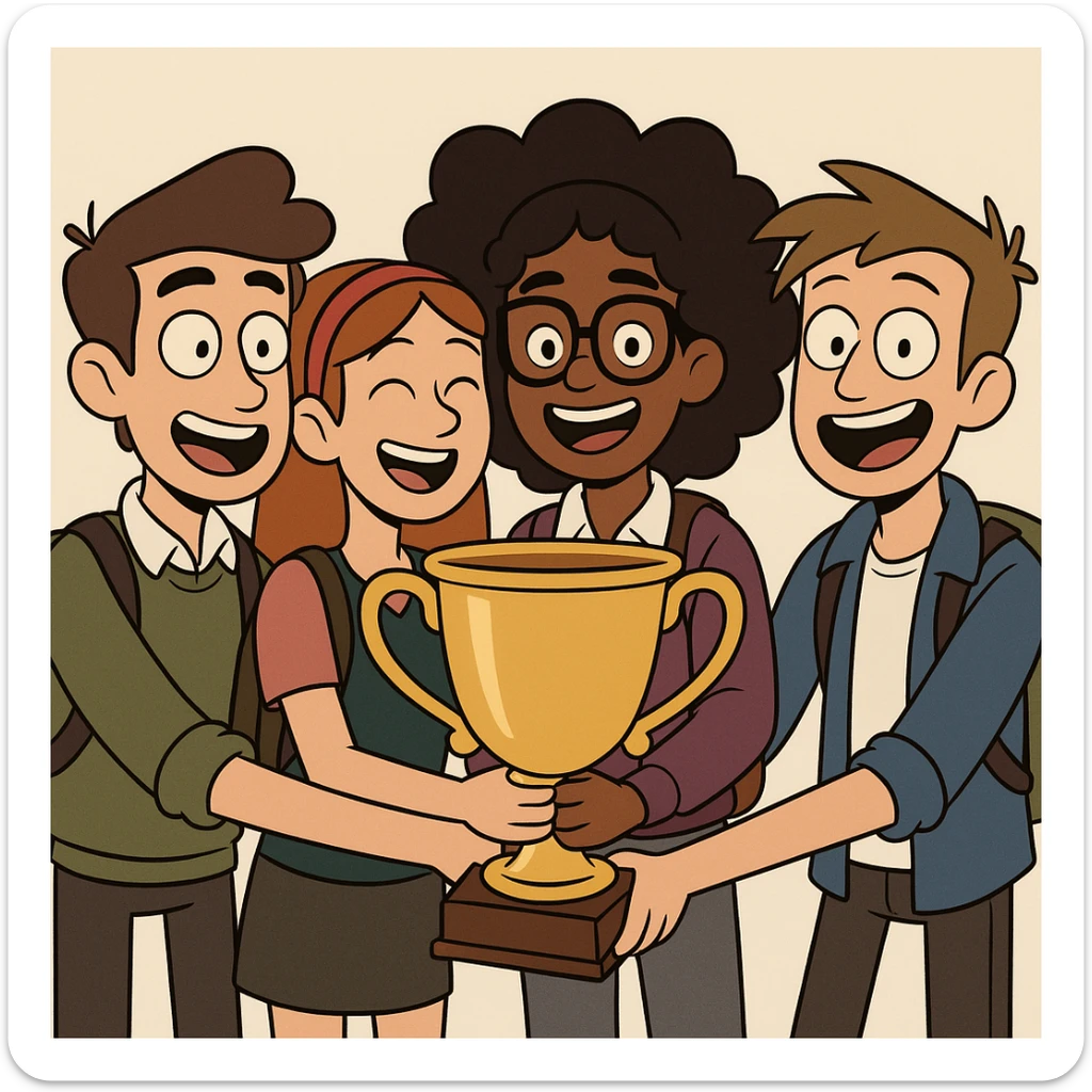 équipe de quatre étudiants, tous souriants, tenant un grand trophée, style dessin animé moderne, fond minimaliste sticker