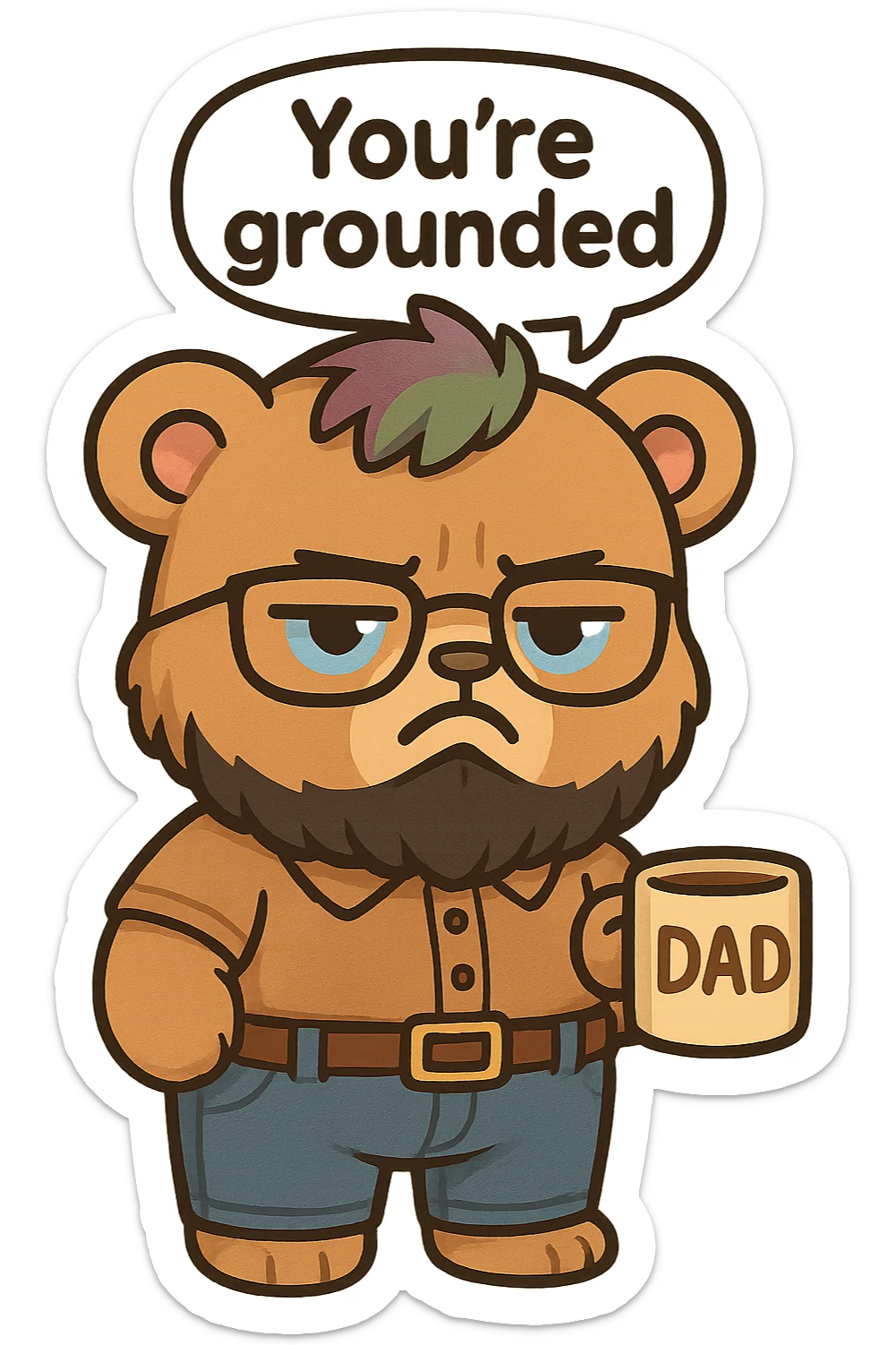 A realism art illustration art style of a plus-sizes teddy bear  with purple to green ombre streak, black beard, blue eyes, glasses, dressed like a dad, holding a coffee mug, You’re grounded speech bubble, frowning  sticker