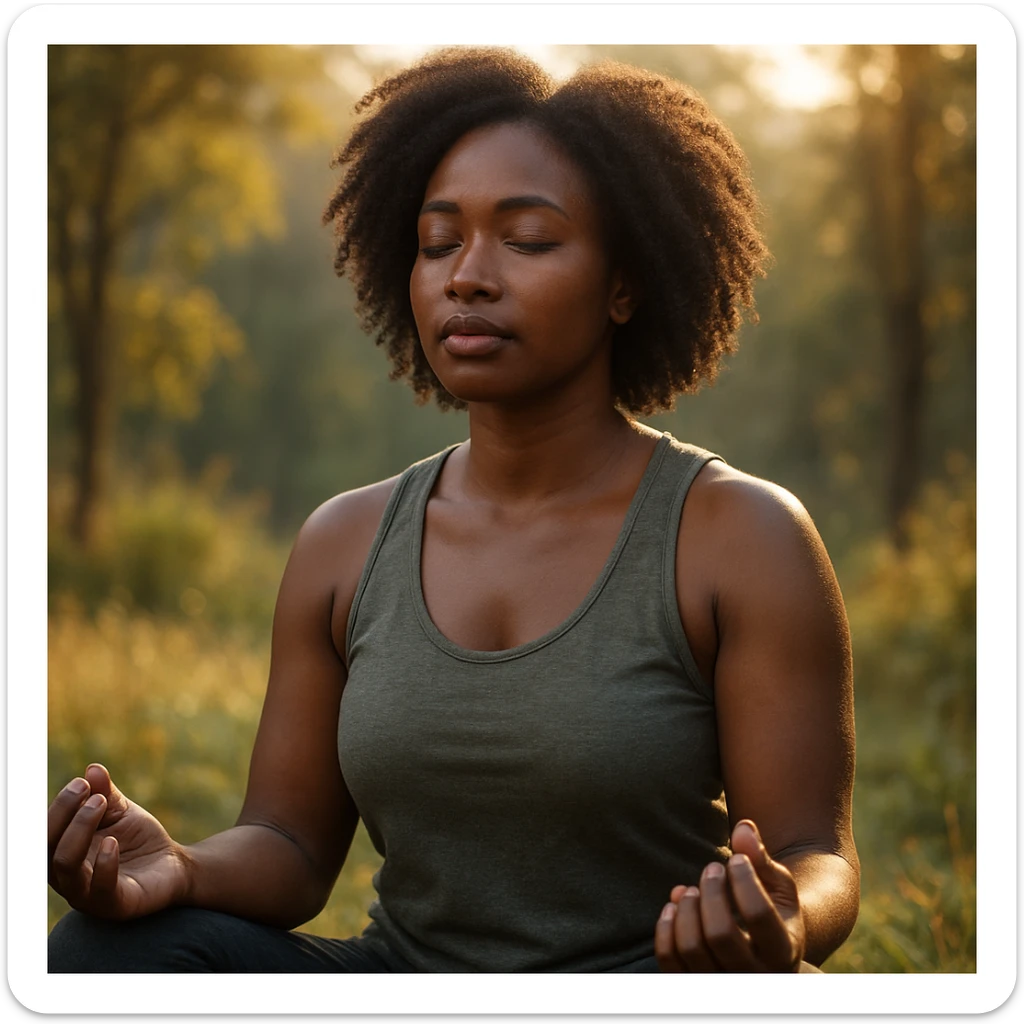 realistic style portrait of a black woman meditating, with a nature background and warm light sticker