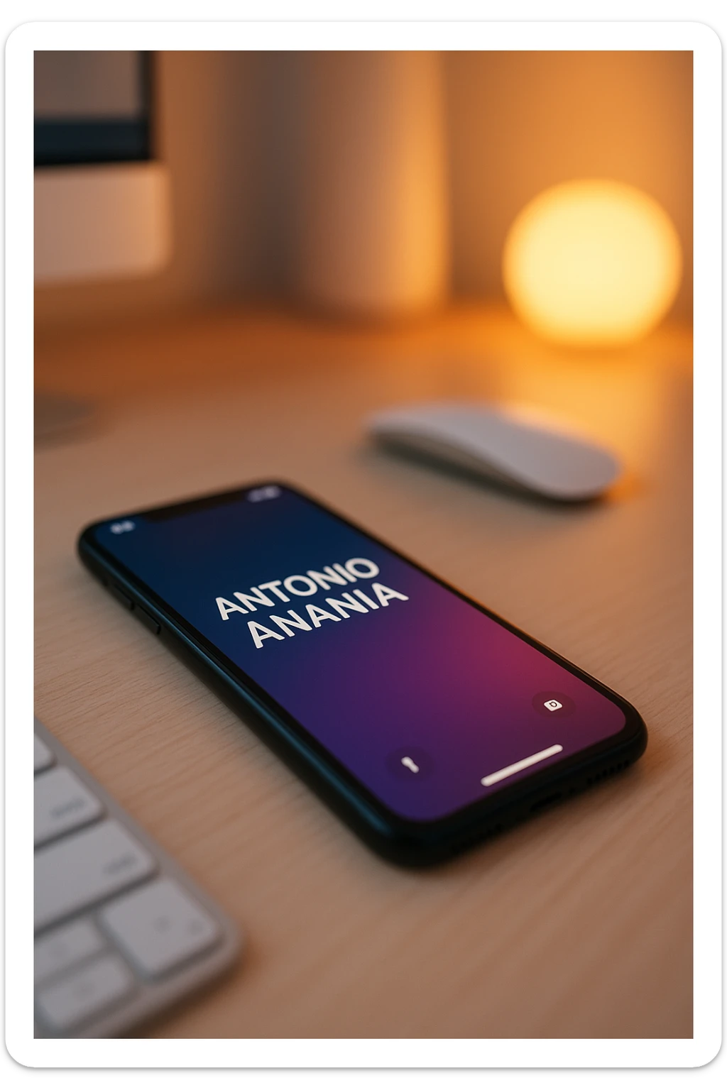 A photo of an iPhone on the desk with the message "Antonio Anania" on its screen, The phone sits atop a desk with a blurred background that suggests work environment. A faint glow from above casts gentle shadows across the surface of each object, creating depth and highlighting their textures sticker