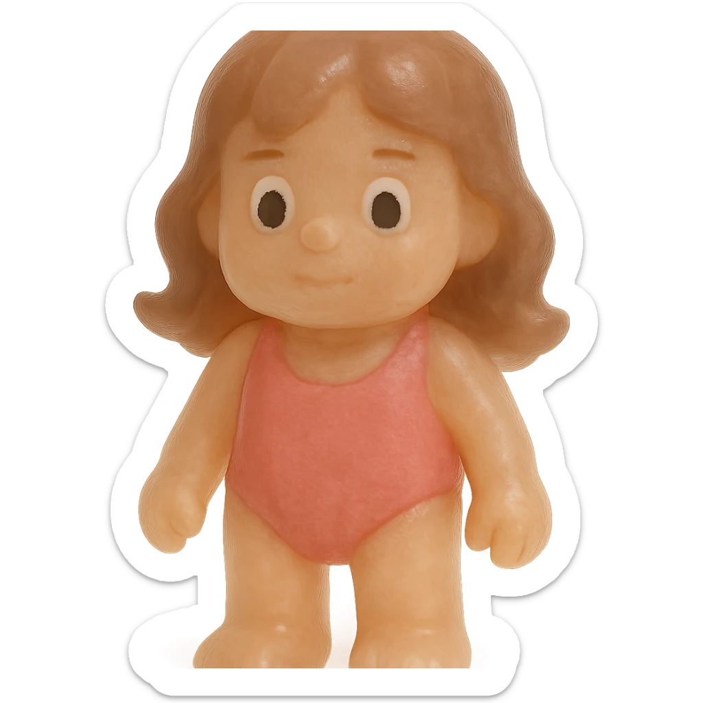 Make the beach girl much more transparent and match the exact retro 90's toy style of the previous ocean animal emojis. Use natural colors (tan skin, brown hair, pink swimsuit), derpy eyes, no tag, no background. Soft plastic, soft reflections, soft and squishy, some cloudiness, not shiny, highly detailed, appealing. The style should resemble retro 90's soft plastic toy style with soft reflections and cloudiness, not shiny. sticker