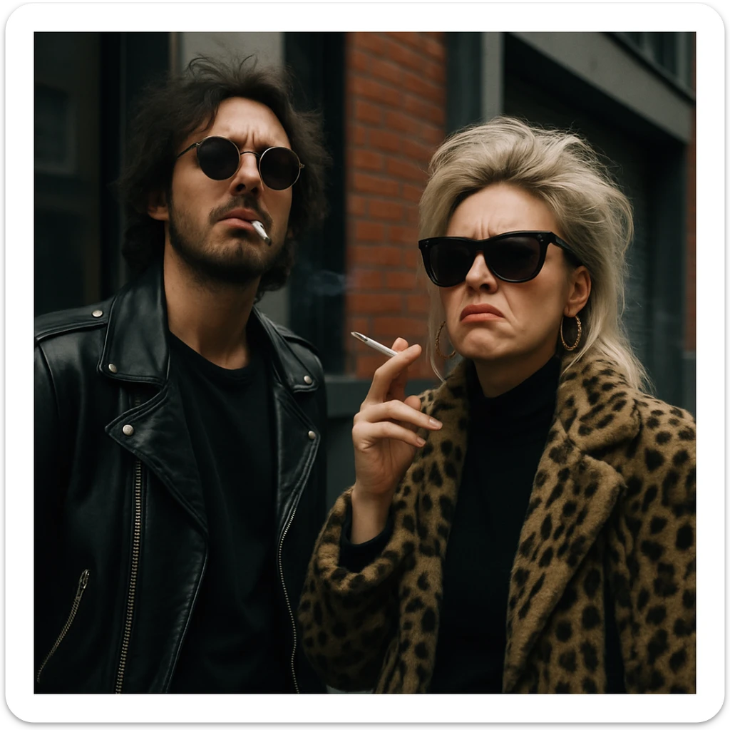 Par de personas que trabajan en la industria musical, parados conversando con aires de superioridad mientras se fuman un cigarro, mientras miran a la cámara (músico) de forma despectiva y burlona sticker