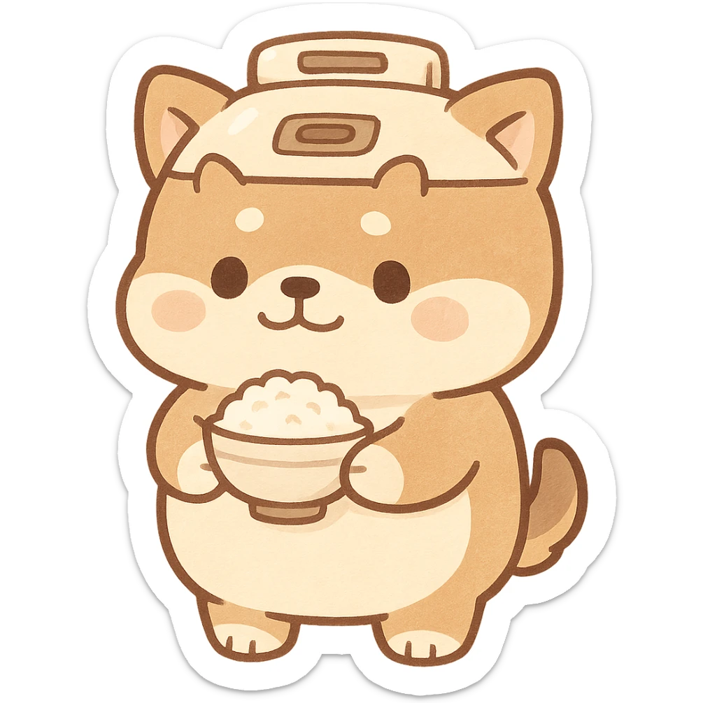 chibi dog-rice cooker hybrid, round belly, holding a rice bowl, soft cream and brown palette, full-body sticker