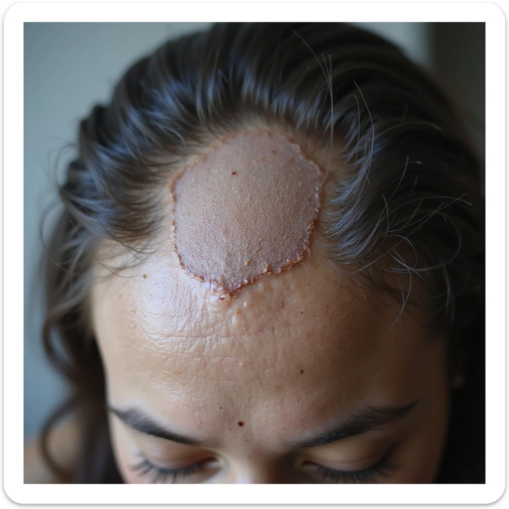 hyperrealistic 4K close-up of a woman's scalp with PCOS showing very evident thinning areas, shiny and visible scalp, sparse and thin hair, with a label next to it reading 'Severe hair loss' in Italian sticker