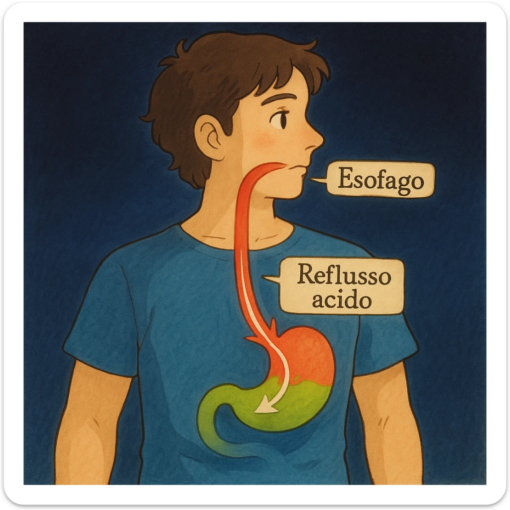 Medical illustration in Italian: stylized man, red esophagus, acid rising from the stomach, labels 'Esofago', 'Stomaco', 'Reflusso acido'. Dark blue background, illustrative style. sticker