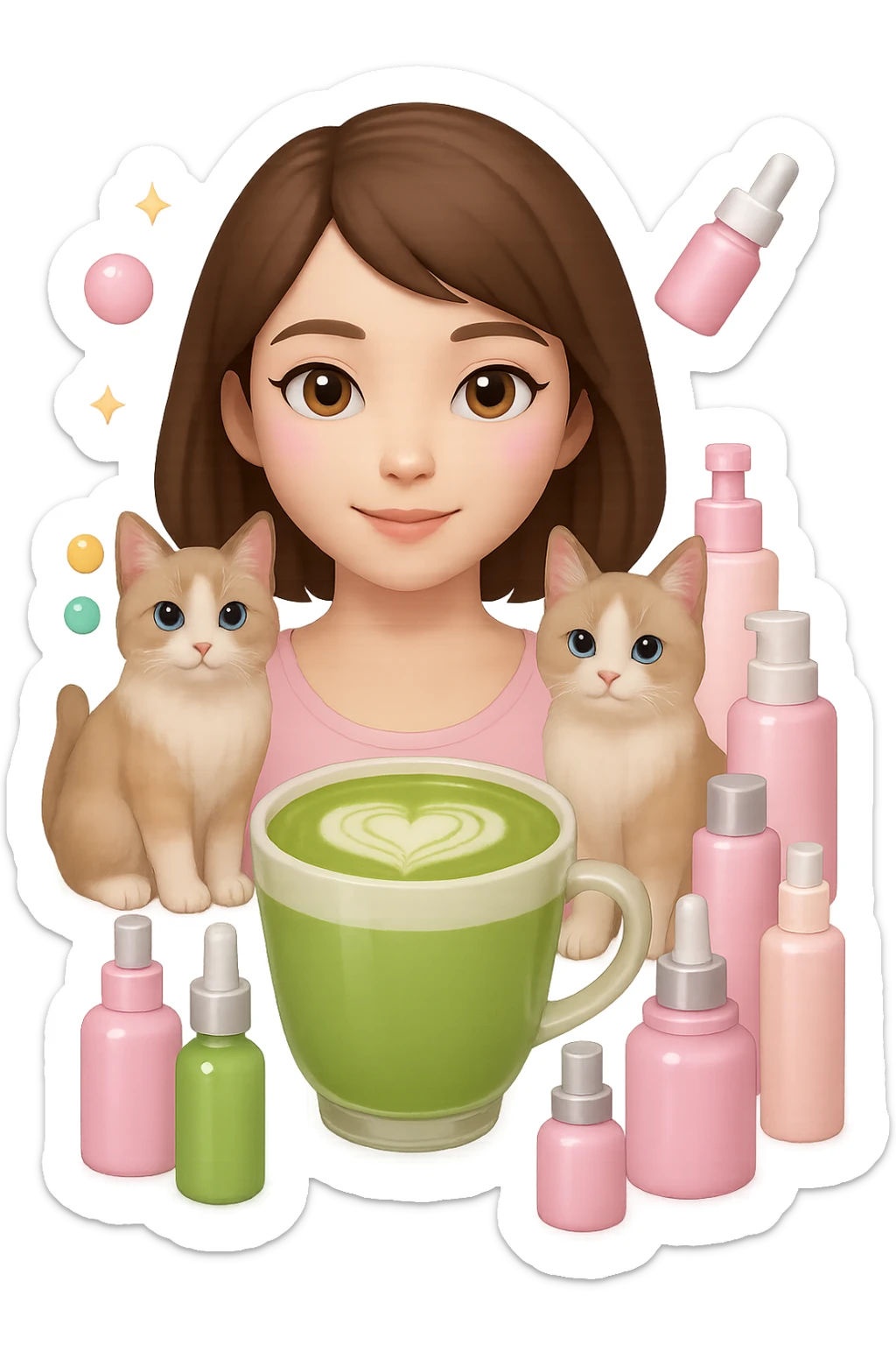 Add a matcha latte to the scene, keeping the Apple emoji style and pink soft girl aesthetic, featuring the girl with short brown hair, makeup, skincare, sparkles, and two light brown ragdoll cats. Maintain the transparent background and the overall Apple emoji style look. sticker