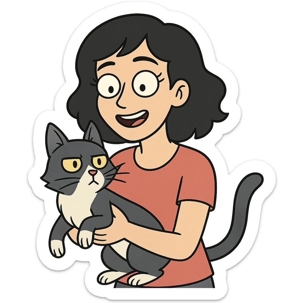 mulher de cabelo preto com gato frajola cinza em estilo flat toon sticker