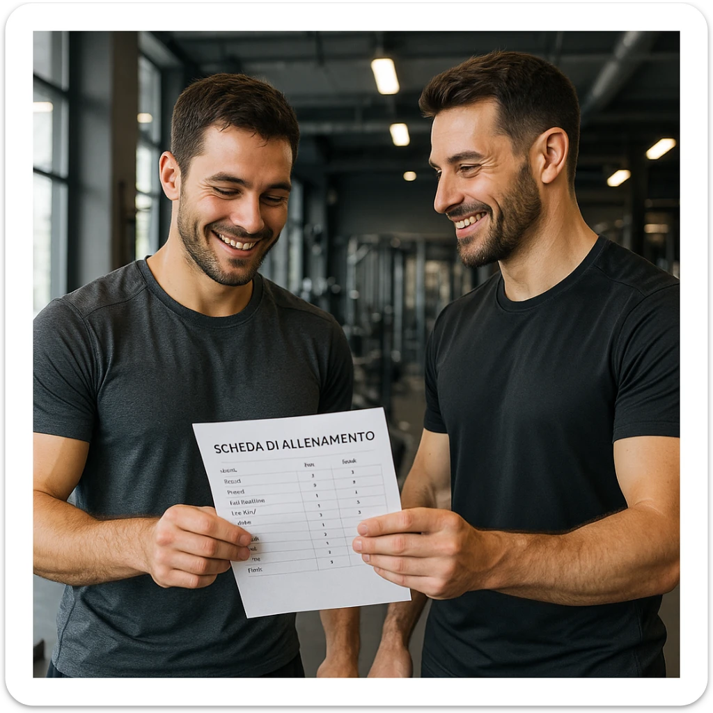 Uomo in palestra che riceve una nuova scheda di allenamento scritta in italiano da un istruttore, entrambi in abbigliamento sportivo, ambiente da palestra moderna, dettagli iperrealistici 4K, espressioni sorridenti. sticker