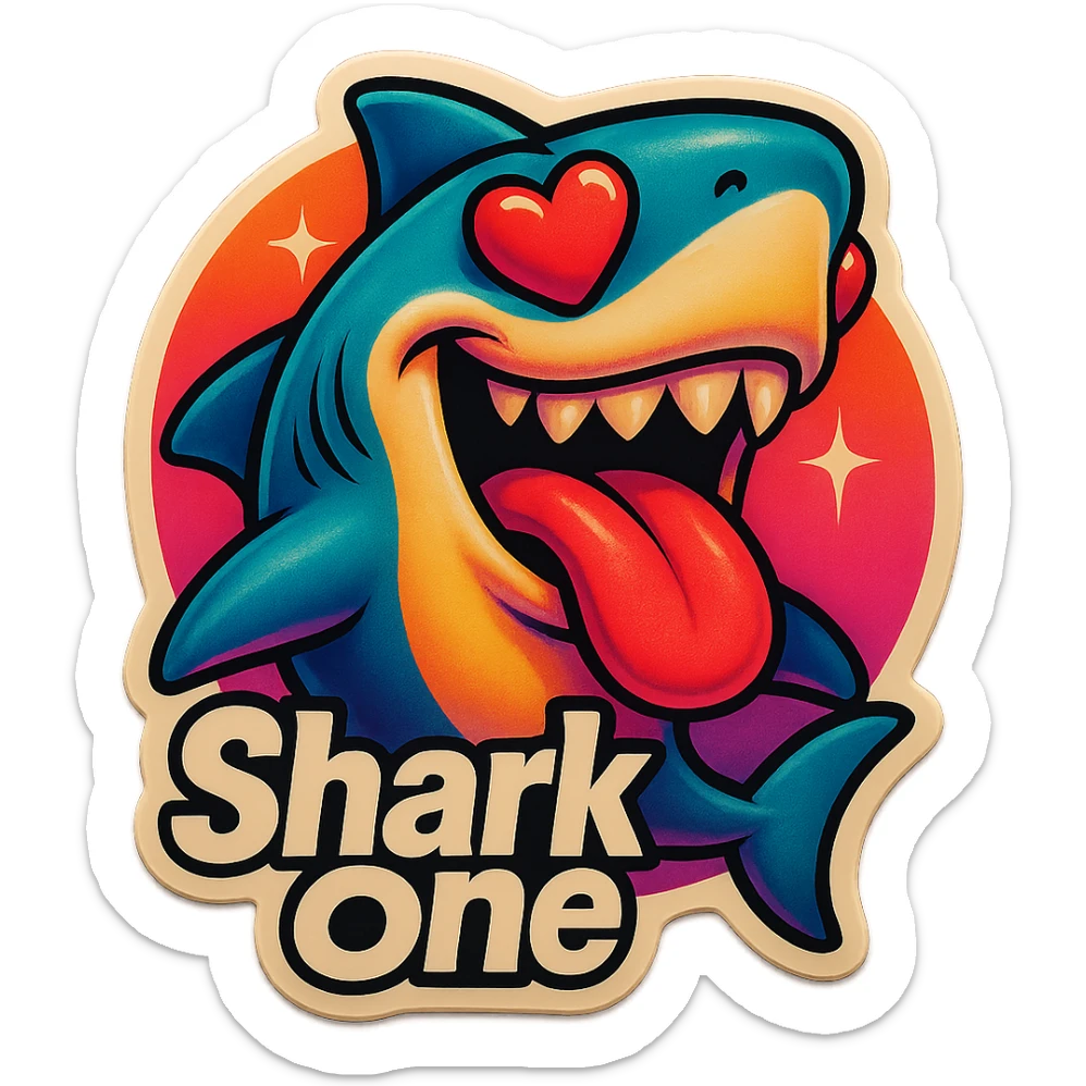mouth open with tongue out heart shaped eye add the words “ Shark One " in White sticker