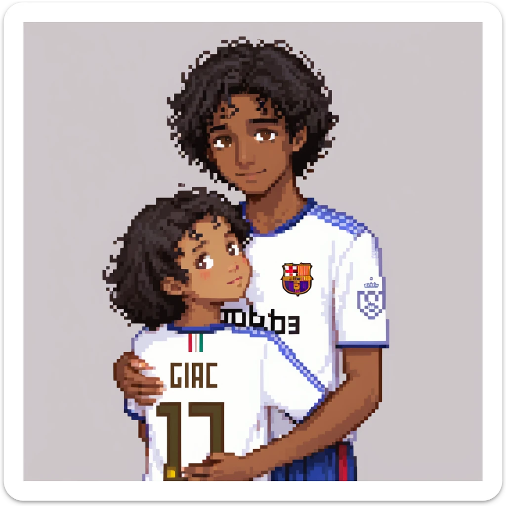 A tall boy with brown eyes, black hair, and white skin, wearing a Barça shirt, hugging a short girl with curly black hair, brown eyes, and bronze skin, wearing a Real Madrid shirt sticker