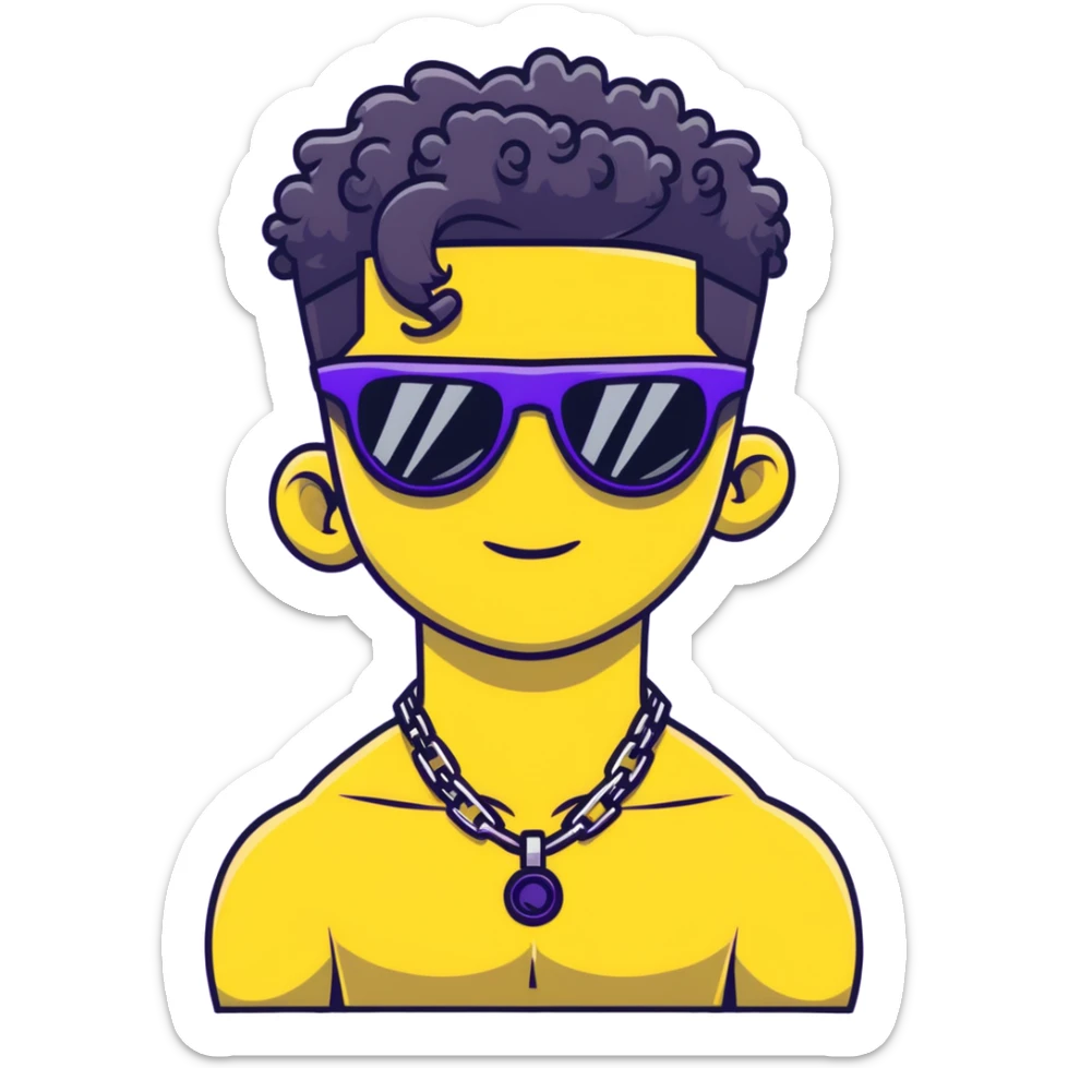shirtless male athlete with white skin and moderately curly black hair on top with shaved sides, wearing purple sunglasses with black tinted lenses and a plain black chain necklace without pendant sticker