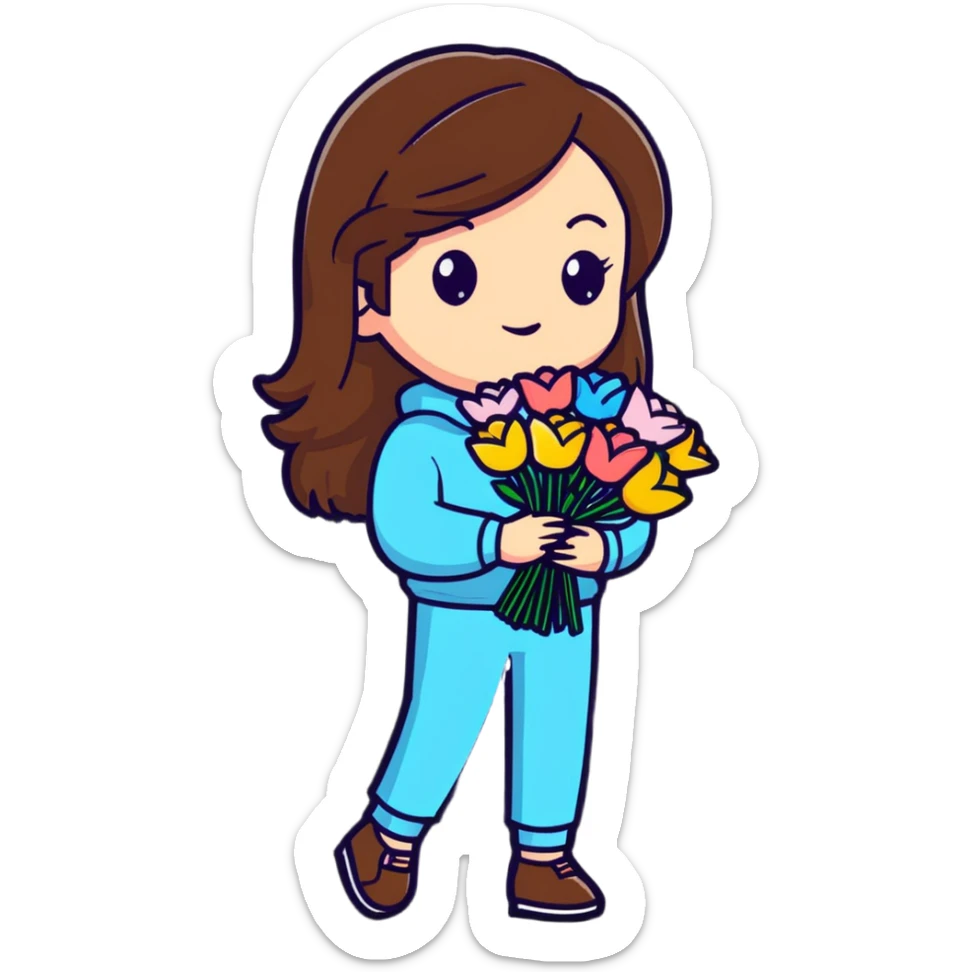 cool girl with long brown hair holding a bouquet of flowers, trendy outfit, stylish sticker
