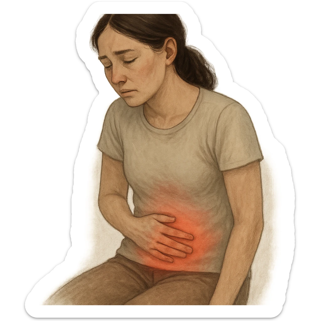 emotional realism wellness illustration of a woman standing or sitting with hand resting gently on lower abdomen, posture slightly curved forward as if experiencing internal discomfort, soft reddish glow in abdominal and pelvic area symbolizing imbalance, calm minimal setting with muted tones and natural lighting, introspective or weary expression sticker