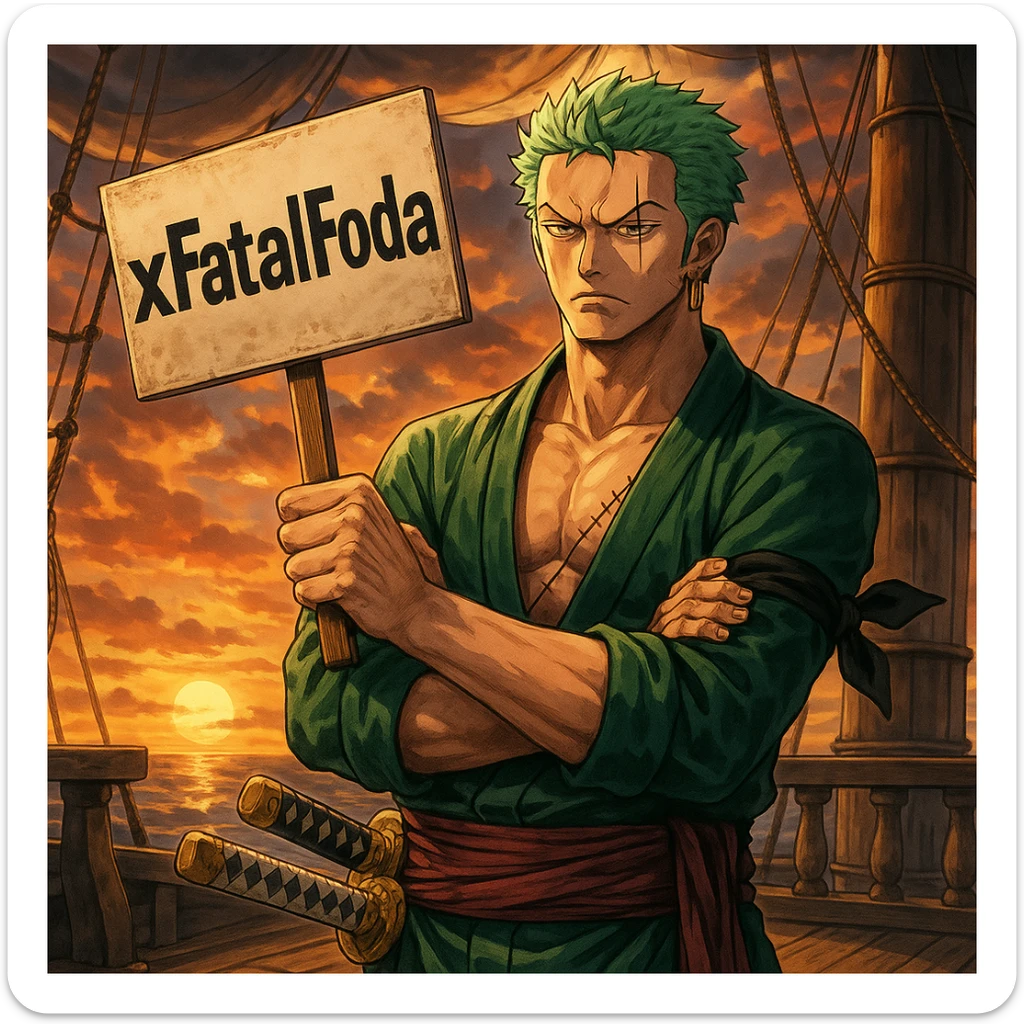 Zoro from One Piece standing with a serious face and crossed arms, holding a small protest-style sign that reads ‘xFatalFoda’ in bold letters, on a pirate ship deck at sunset, dramatic anime lighting, highly detailed, in the style of Wano arc illustrations sticker