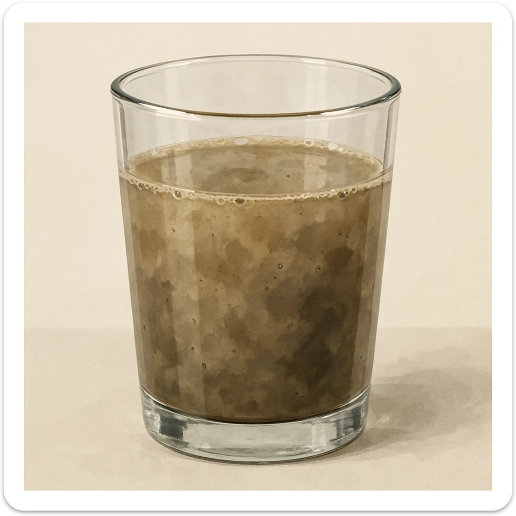 illustration of a glass filled with dirty water, focus on the murky liquid and glass transparency sticker