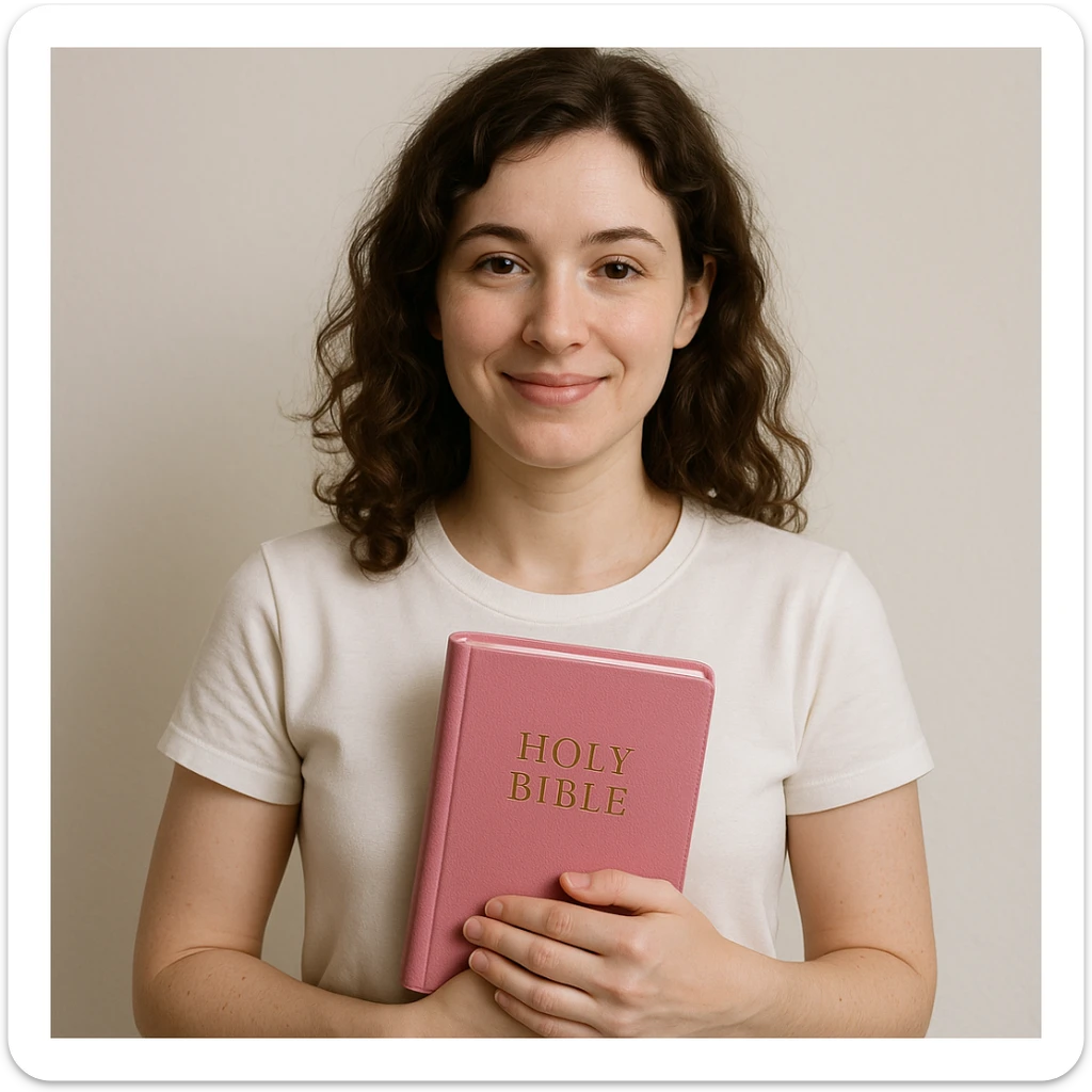 A pale woman with wavy brown hair, white t-shirt, holding a pink Bible, friendly expression, simple background sticker