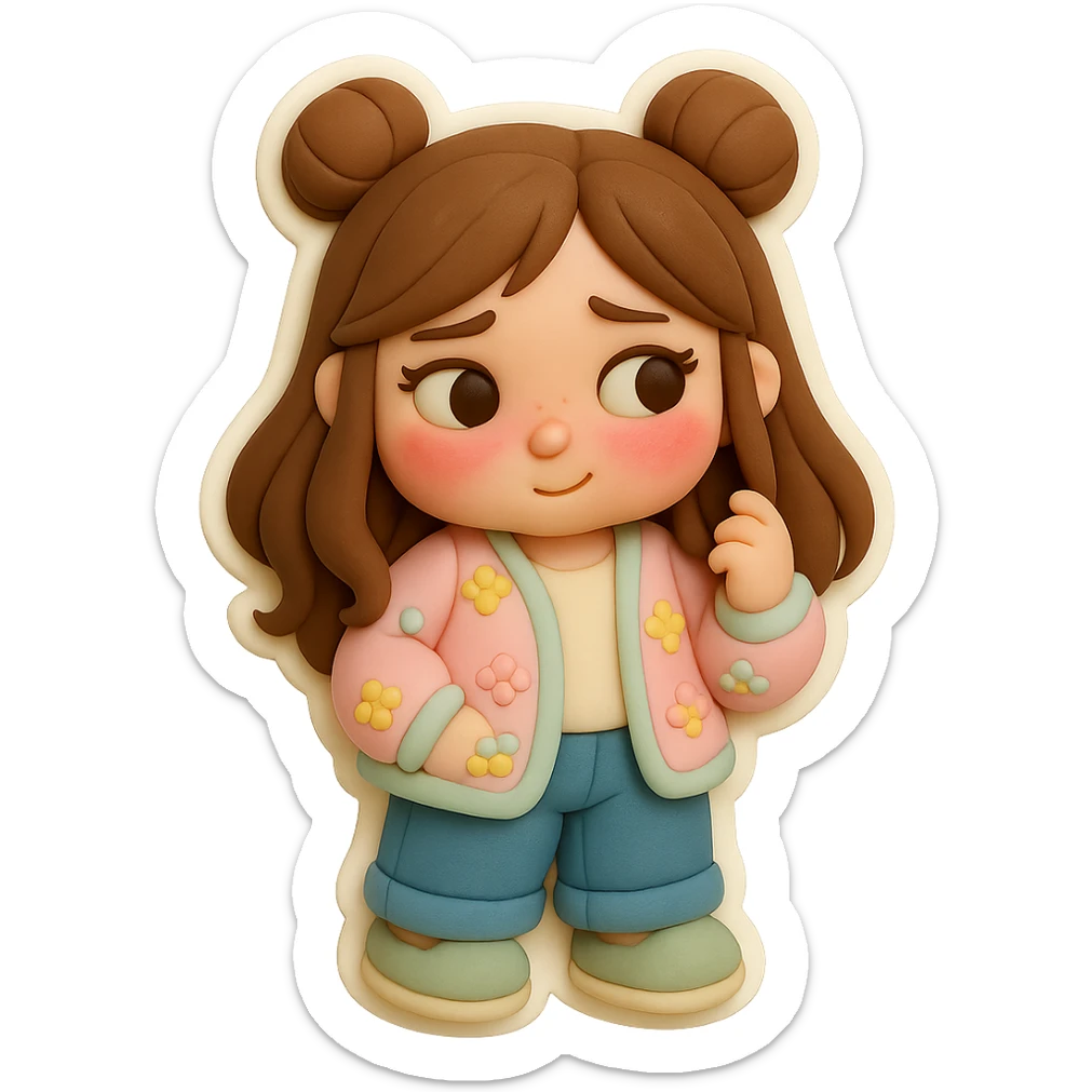 3D chibi fondant cake art style, high-quality rendering with smooth shadows and soft gradients. Girl based on reference image with preserved facial features and eye shape, long brown hair in two space buns, brown eyes, jeans, pastel floral cardigan, shoes, thick white outline like a sticker, transparent background. Standing shyly, blushing with red cheeks and nose, twirling a lock of hair around her finger. Ensure the face, hairstyle, eye shape, and shoes match the reference exactly. sticker