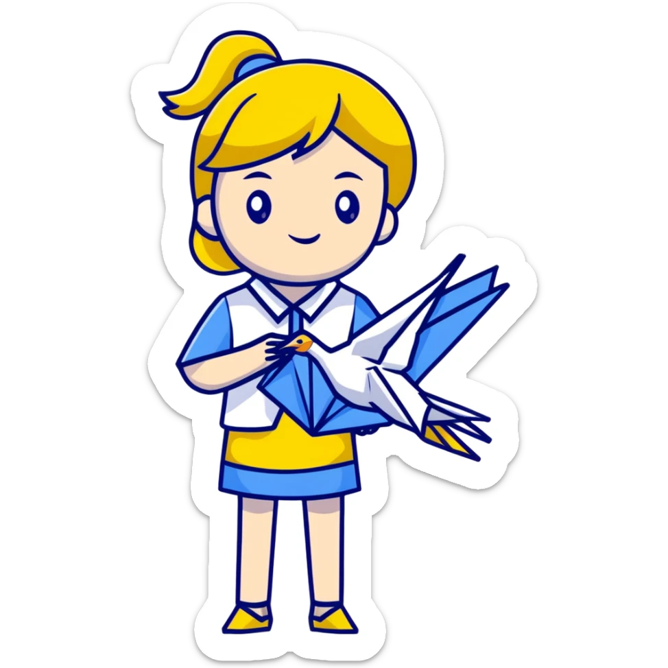A Ukrainian young girl wearing a white embroidered shirt holds an origami yellow-blue crane sticker