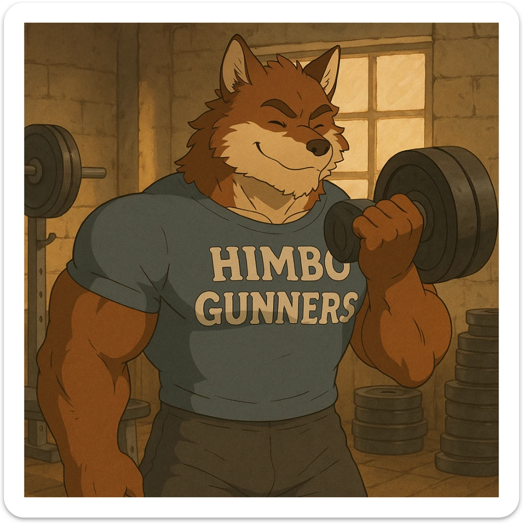 muscular furry character wearing a t-shirt that says 'Himbo Gunners' lifting weights in a gym sticker