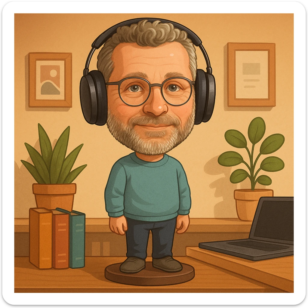 Create an illustration of this person standing in a design office, close to books and a laptop. The scene should be playful and creative, with the person as the main focus, in bobblehead style. sticker