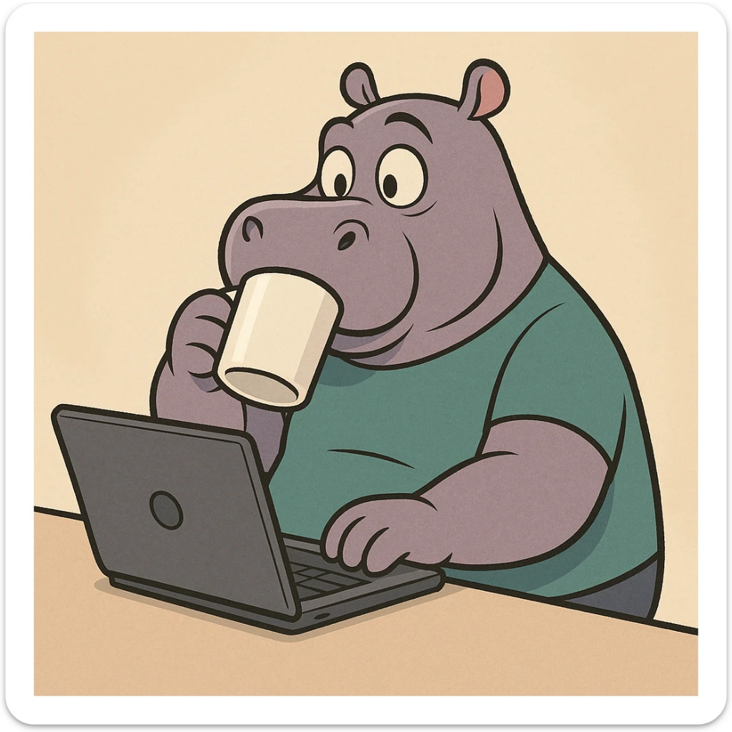 A cartoon hippo sitting at a laptop, drinking coffee, in the style of Pixar animation. sticker