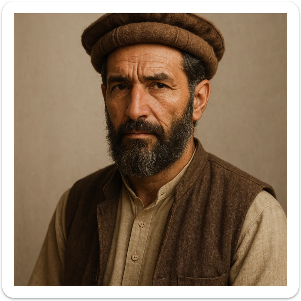 Pashtun man in traditional attire, pakol hat, beard, detailed facial features, neutral background sticker