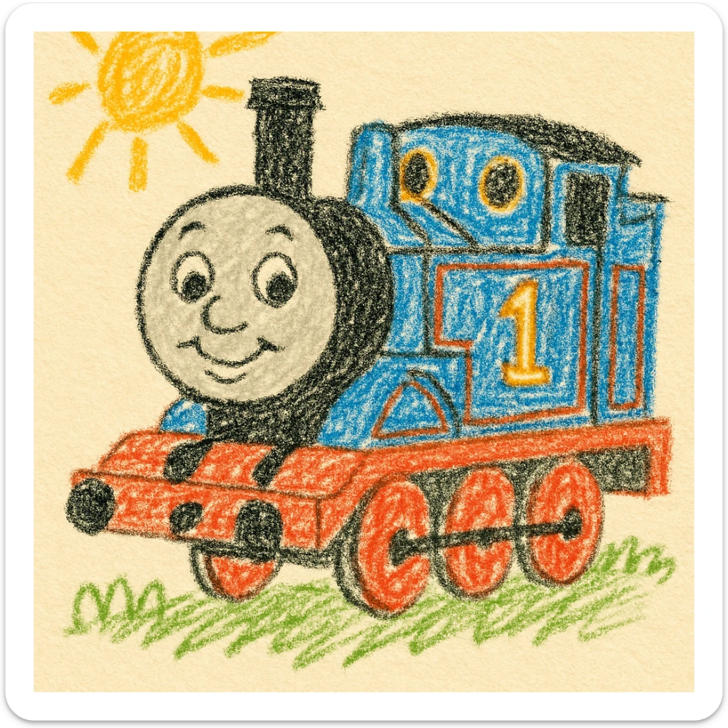 Thomas the Tank Engine, classic children's book illustration, warm colors, textured, friendly expression sticker