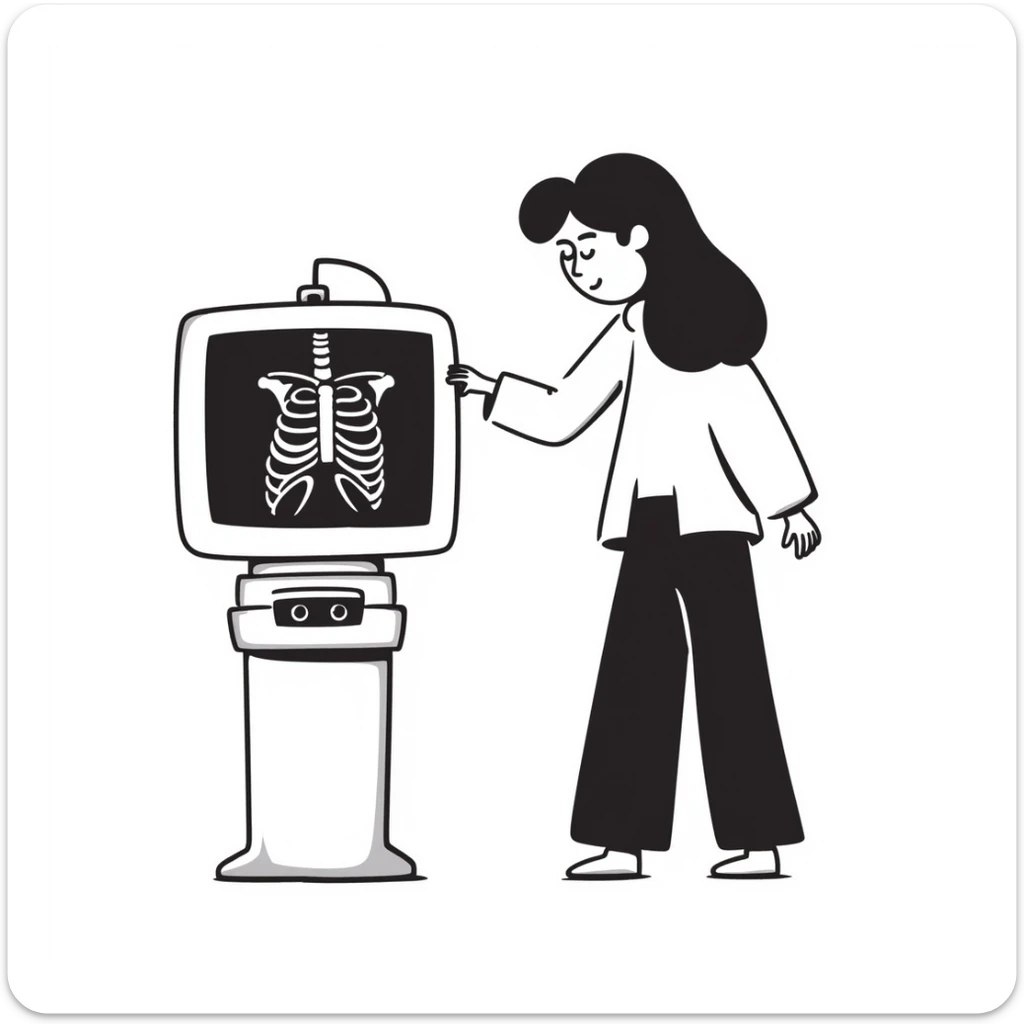 A woman having an x-ray of her lungs with the image of the x-ray displayed sticker