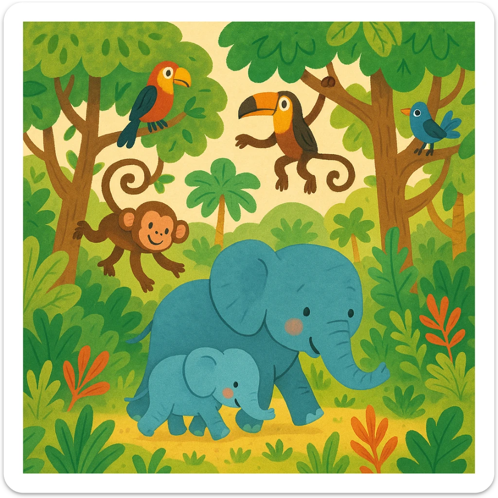 digital illustration of jungle safari in the style of children's story book sticker