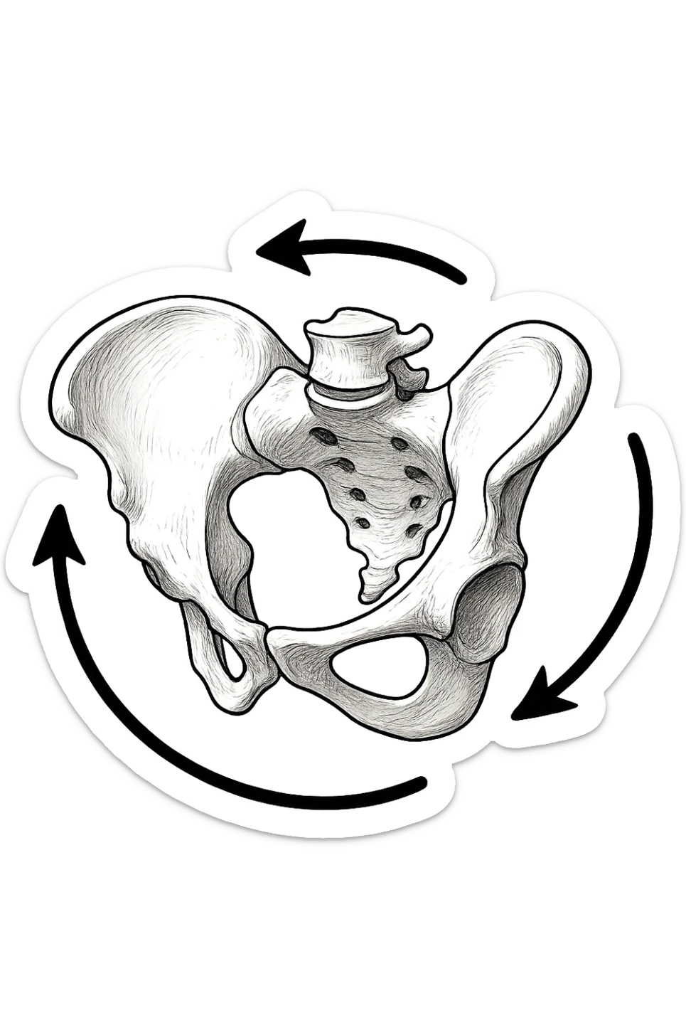 Bacino anatomico ruotato in senso orario con le frecce per far capire sticker